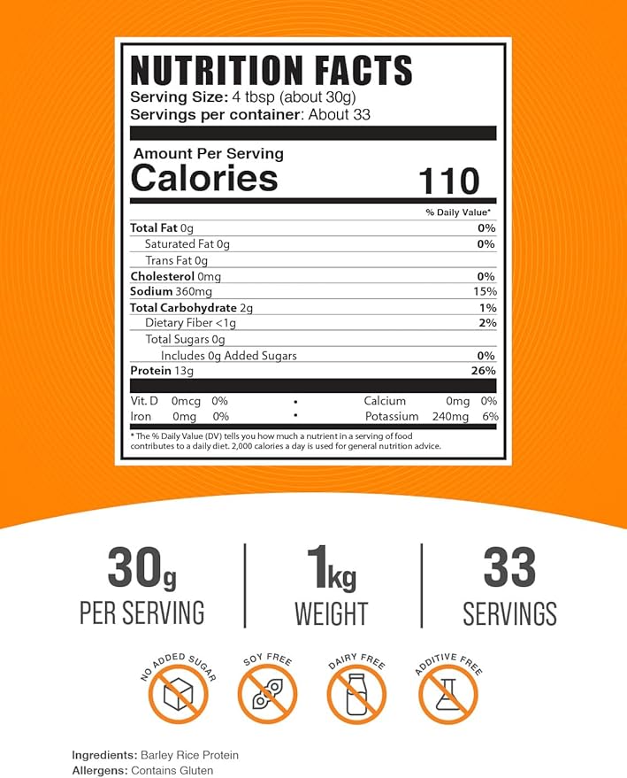 BulkSupplements.com Barley Rice Protein Powder - Vegan Protein Powder, Sports Nutrition - Unflavored & Dairy Free, 30g per Serving, 1kg (2.2 lbs) (Pack of 1)