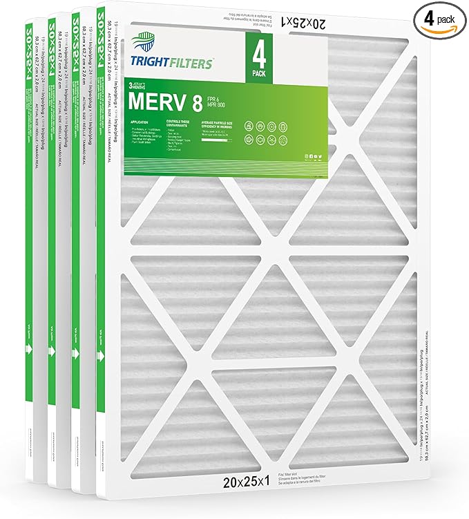 20x25x1 Air Filter 4 Pack, MERV 8 Pleated Dust Defense Air Filters Replacement Air Conditioner HVAC AC Furnace Filter, Durable and Lightweight