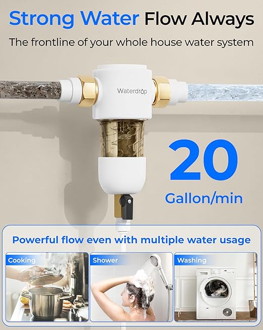 Waterdrop Spin Down Sediment Filter, 50/200 Micron Reusable Whole House Water Filter Sediment System, Flushable Pre-Filter System for City/Well Water,1" MNPT + 3/4" FNPT