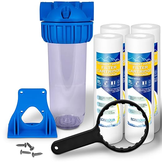 10 Inches Transparent Standard Whole House Water Filter System with Presser Relief Valve, 3/4” Inlet/Outlet Brass Port and Yearly Supply (4) Sediment Cartridges 50 Micron
