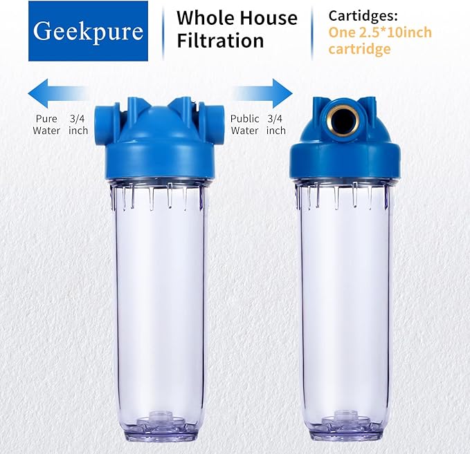 Geekpure 10-Inch Whole House Clear Filter Housing - 3/4" NPT Brass Port-Fit for 2.5" x 10" Filters (3)
