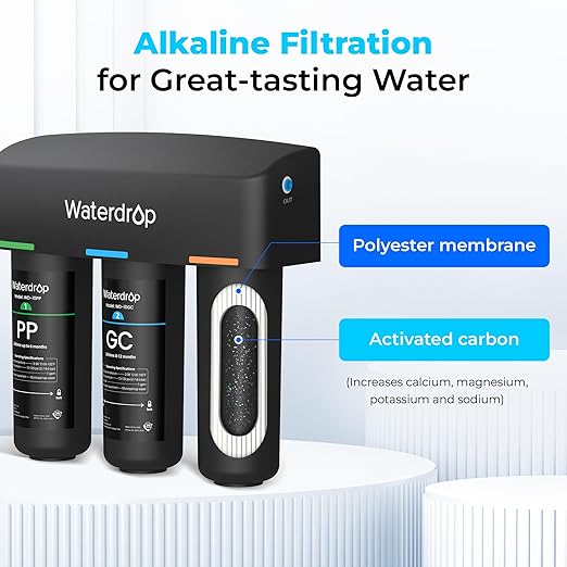 Waterdrop TSB-ALK 8 Layer Slightly Alkaline Under Sink Water Filter System, Reduces PFAS, PFOA/PFOS, Fluoride, Chlorine, Bad Taste & Odor, with Dedicated Faucet, Under Sink Water Filtration System