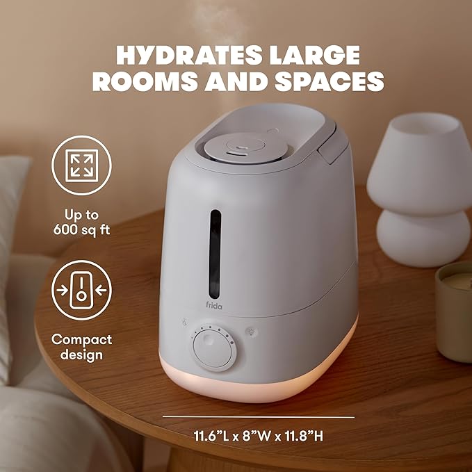 Frida Baby 3-in-1 XL Top Fill Humidifier for Bedroom, Allergy Relief, 6L Tank Cool Mist Humidifier for Large Rooms + Diffuser, Nightlight, Auto Shut-Off, Quiet, Carry Handle, Essential Oil Diffuser