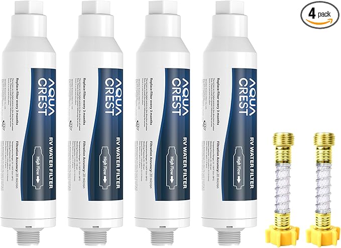 AQUA CREST RV Water Filter, RV Inline Water Filter with NSF Certified, Reduces Chlorine, Bad Taste and Odor, Ideal for Garden and Camper (Filter 4 Pack with Hose Protector)