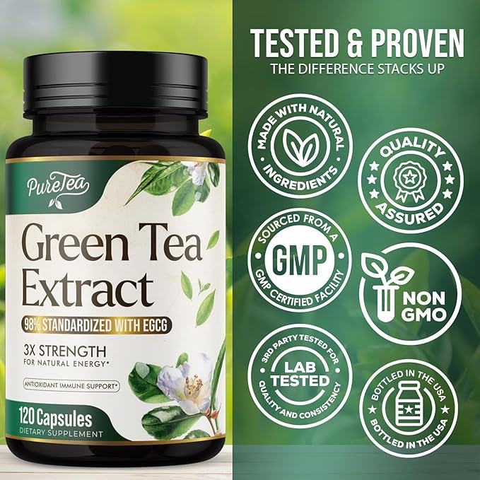 Green Tea Extract Capsules 1000mg with 98% Standardized Polyphenols & 45% EGCG for Heart Support with Antioxidants - 3X Absorption Green Tea Pills for Natural Energy, Gentle Caffeine - 120 Capsules