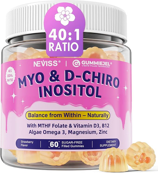 Myo-Inositol & D-Chiro Inositol, Hormone Balance for Women | Sugar Free Inositol Gummies w/Omega 3, MTHF Folate, Vitamin D3, B12, Magnesium & Zinc for Ovarian Health, Ideal 40:1 Ratio, Vegan, 60 Cts