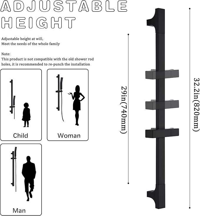 Matte Black Handheld Shower with Slide Bar Square Handheld Shower Head with Hose High-Pressure Shower Head with 29" Long Slide Bar Combo Adjustable Height