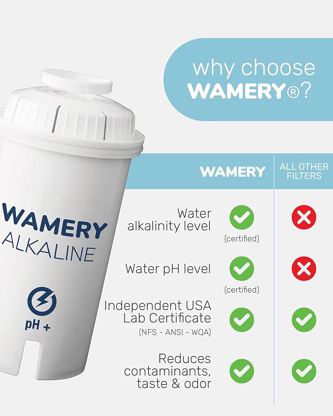 Wamery Alkaline Pitcher Water Filter Replacement - Single Filter, Improves pH & Taste, 42‑Gallon Capacity, Coconut Activated Carbon with Mineral Layer, Leak‑Free Fit, Easy Install, BPA‑Free