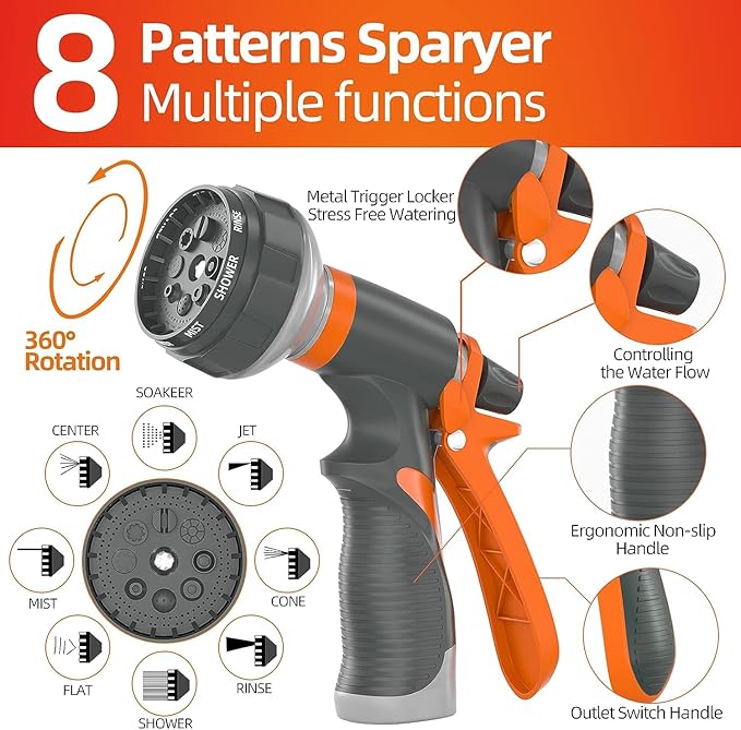 Garden Water Hose 150 ft x 5/8 in Heavy Duty, Flexible and Lightweight, Burst 600 psi, Kink-less Hybrid Rubber Pipe for Backyard, 3/4'' Brass Fittings, Orange