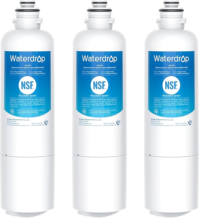 Waterdrop BORPLFTR50 Replacement for Bosch® Ultra Clarity® Pro 11032531, 12033030, 11025825, BORPLFTR55, B36CD50SNS, B36CT80SNS, B36CL80ENS, B36FD50SNS, WFC100MF, Refrigerator Water Filter, 3 Filters
