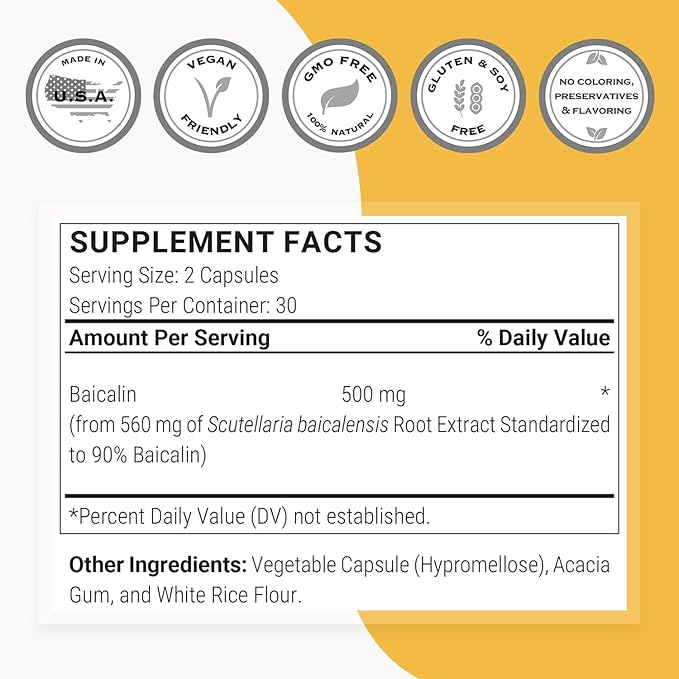 SuperSmart - 90% Baicalin 500mg per Day (Scutellaria Baicalensis) - Chinese Skullcap Extract Supplement | Non-GMO & Gluten Free - 60 Vegetarian Capsules