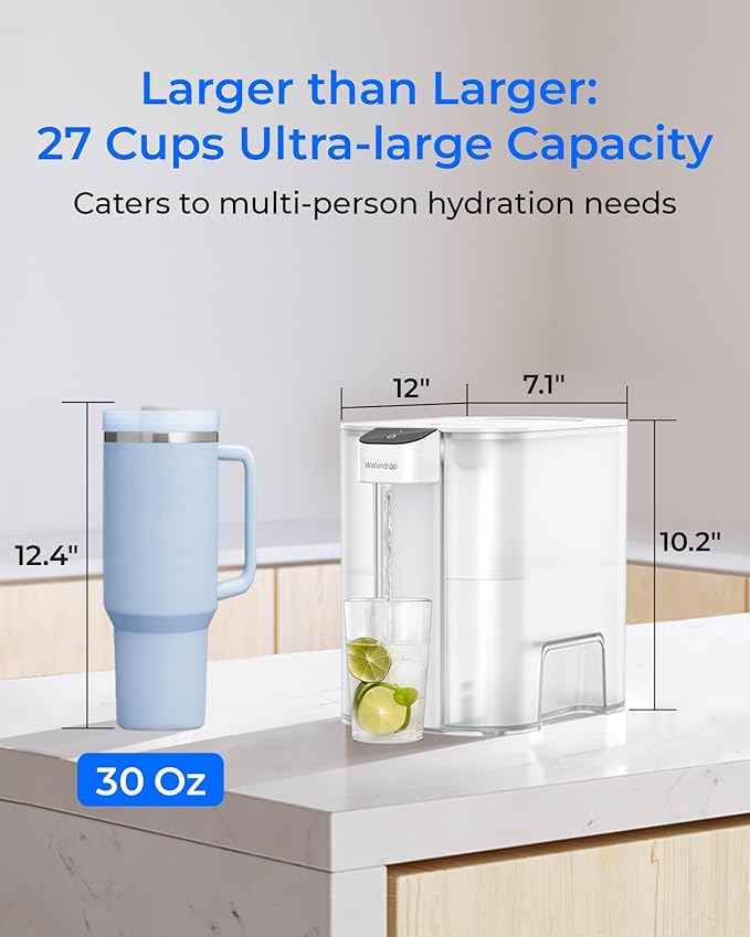 Waterdrop Large 27-Cup Mega Electric Water Filter Dispenser, 200-Gallon Rechargeable Instant System, NSF/ANSI 42&53&401&372, Reduce PFAS, Lead, Chlorine, with 1 Filter, White, Does not Lower TDS