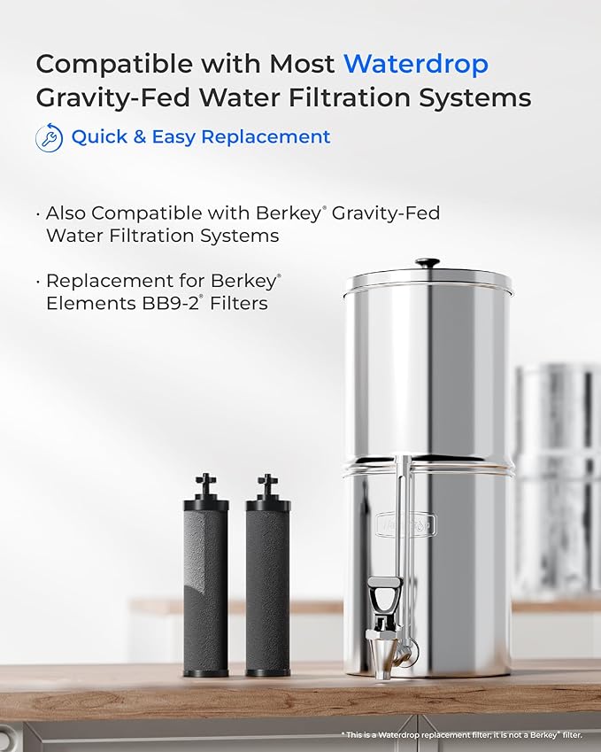 [New Upgraded Ultrafiltration] Waterdrop Black Water Filter, Replacement for Berkey® BB9-2® Black Purification Elements, Berkey® Gravity Water Filter System, 2 Pack