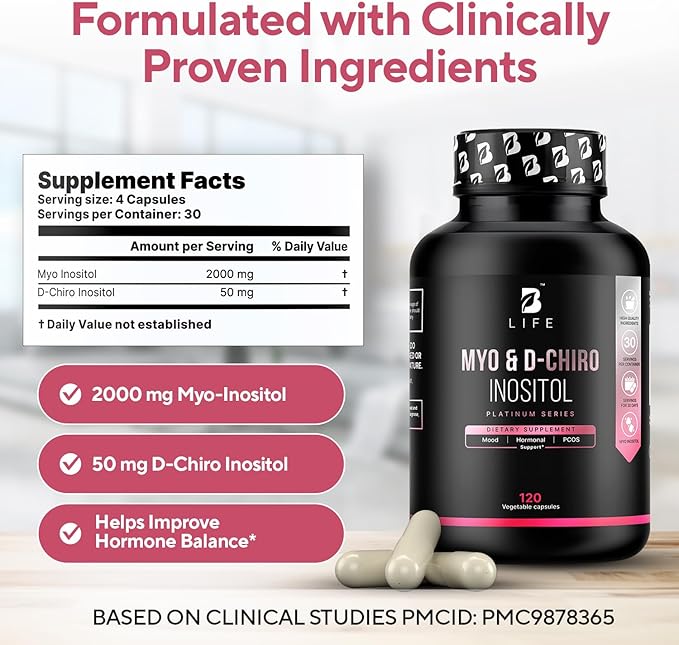 Inositol Supplement for Women – Myo-Inositol & D-Chiro Inositol – PCOS Supplements for Ovarian Support – Myo Inositol Supplement – Myoinositol and D Chiro Inositol – Vitamin B8– 40:1 Ratio - 120 Caps