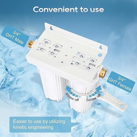 External RV Dual Water Filter System Includes Mounting Bracket and Two Filters, Two 3/4" GHT Brass Fittings For RVs, Yachts, Homes, Boats For Reducing Sediment, Rust, Scale Particles and Chlorine Odor