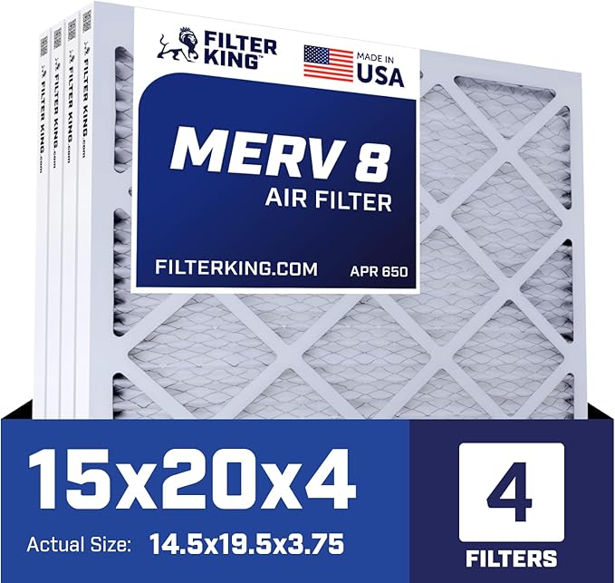 Filter King 15x20x4 Air Filter | 4-PACK | MERV 8 HVAC Pleated A/C Furnace Filters | MADE IN USA | Actual Size: 14.5 x 19.5 x 3.75"