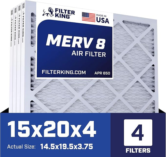 Filter King 15x20x4 Air Filter | 4-PACK | MERV 8 HVAC Pleated A/C Furnace Filters | MADE IN USA | Actual Size: 14.5 x 19.5 x 3.75"
