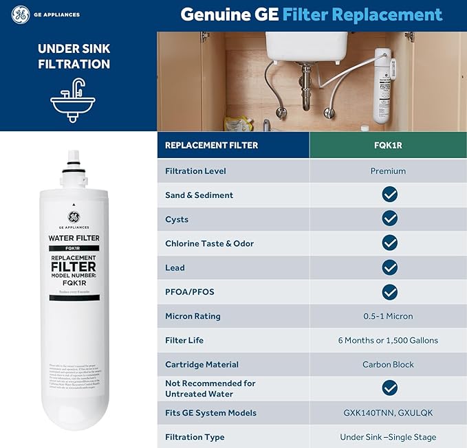 GE Single Stage Under Sink Water Filtration System, Reduces 95+ Impurities Including Lead, Chlorine, Arsenic, Easy Install, Twist & Lock Design, Replace Filter (FQK1R) Every 6 Months, GXK140TNN