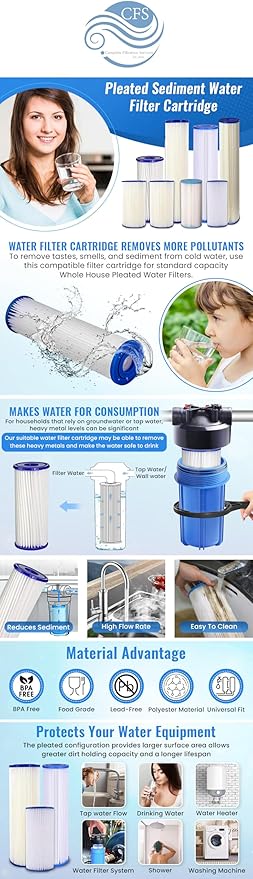 CFS – 4 Pack Sediment Water Filter Cartridges Compatible with American Plumber W20CLA Models – Removes Bad Taste and Odor – Whole House Replacement Filter Cartridge – 5 Micron