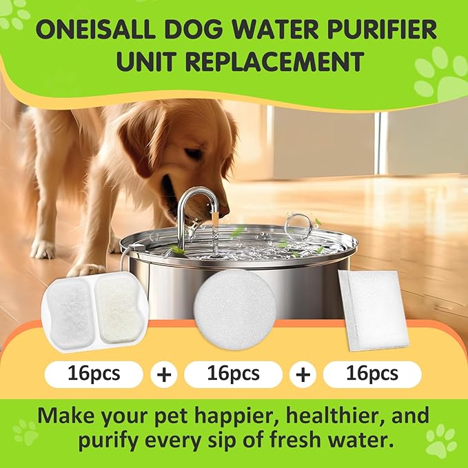 16 Packs Replacement Filters Compatible with Oneisall Dogs Water Fountain - Triple Filtration Filters for Oneisall 7L/230oz/1.8G Stainless Steel Pet Fountain PWF-002