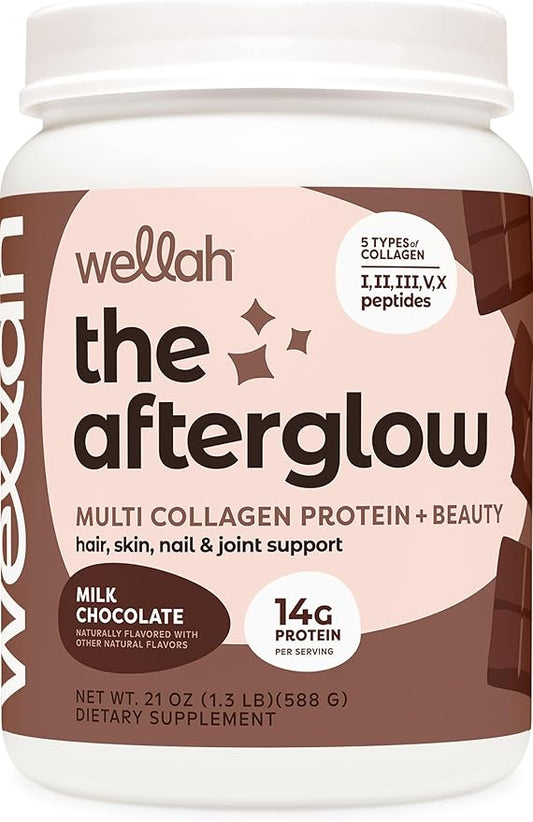 Wellah The Afterglow Multi Collagen Protein + Beauty (30 Servings, Chocolate) - Hair, Skin, Nail & Joint Support - Non-GMO & Gluten Free