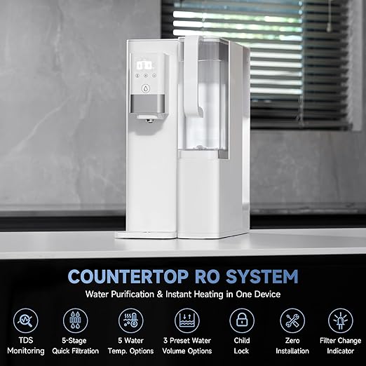 CO-Z Countertop Reverse Osmosis Water Filter, 5-Stage RO Water Filtration System, Portable Water Purifier Dispenser with 5 Temp 3 Preset Volume Options, 4:1 Pure to Drain, NSF/ANSI 58, No Installation