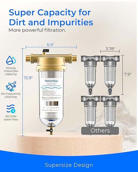 Waterdrop Mega Spin Down Sediment Filter, Reusable Whole House Water Filter System for City Water, Backwash Sediment Water Filter System, 100 Micron+5 Micron PP Filter, 1" MNPT + 3/4" FNPT, BPA Free