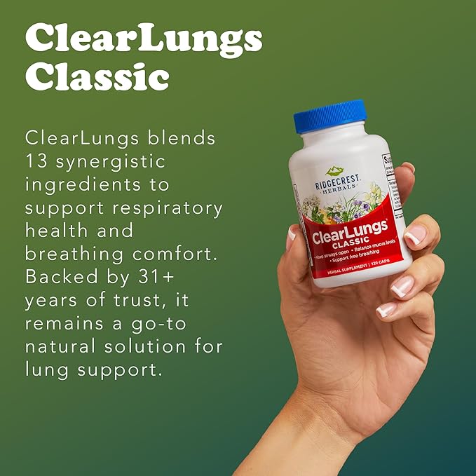 Ridgecrest Herbals ClearLungs Classic, Natural Lung and Nasal Daily Health Supplement for Bronchial, Respiratory, Immune, Sinus, and Mucus Wellness Support, Herbal Formula (120 Caps, 60 Serv)