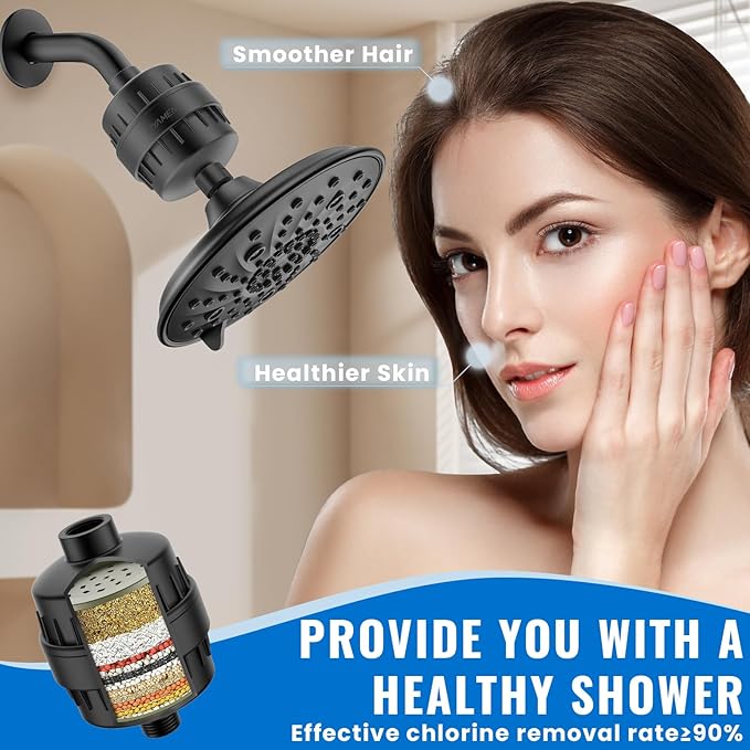 Ryamen Heavy Duty Shower Filter, Shower Water Filter, 99% REMOVAL Shower Head Filter for Hard Water, Heavy Metals, Chlorine (1 Cartridge, Black)