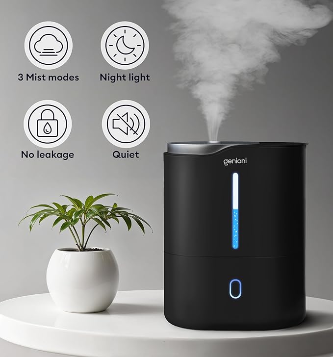 GENIANI Ultrasonic Cool Mist Humidifier for Bedroom, Large Rooms, Home, 4L - Easy Fill & Clean Humidifier for Plants w/Auto Shut-off, 40H Runtime - Quiet, Top Fill Air Humidifier & Vaporizer for Baby
