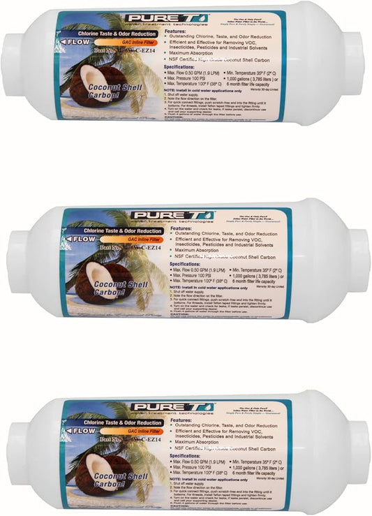 PureT IL-6W-C-EZ-3, 6"x2" (1/4" EZ Connect) Inline Post GAC Carbon Filter - NSF Certified - Reverse Osmosis Water Filter, Lifetime of 1 Year or 700 Gallons (3 Pack)