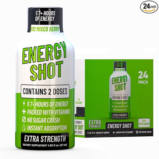 Mixed Berry Extra Strength Energy Shot 24 pk – 260mg Natural Caffeine B12 B6 – Energy & Focus Support – 2 Servings Sugar Free Zero Calorie Green Tea B-Vitamins Electrolytes Vegan – 1.93 fl oz