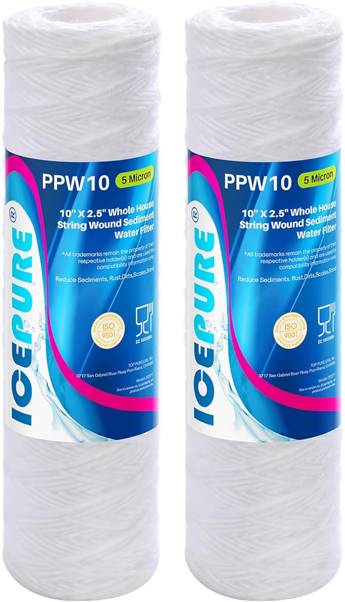 ICEPURE 5 Micron 10" x 2.5" Whole House String Wound Sediment Water Filter Cartridge for Well Water, Replacement for Aqua-Pure AP110, WP-5, CFS110, Culligan P5, WFPFC4002, CW-MF, 2 PACK