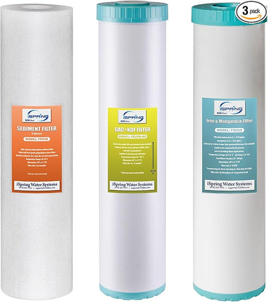 iSpring F3WGB32BMKS 4.5” x 20” 3-Stage Whole House Water Filter Replacement Pack, Reduces Sediments, Chlorine, Hydrogen Sulfide, Chloramine, PFAS, Heavy Metals, Iron, Manganese, Fits WGB32B-MKS
