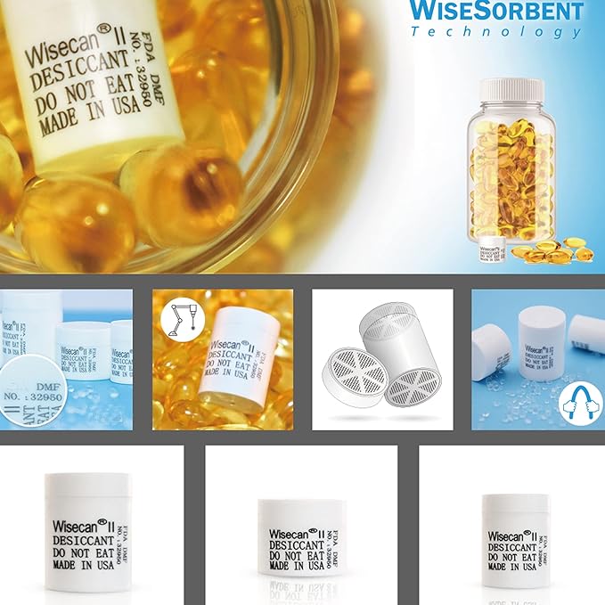 3 Gram 50 Pack Silica Gel Canister, Desiccant Canister, Silica Gel Capsules, Desiccant Capsules, Moisture Absorbers for Food Storage, Food Safe Dehumidifiers Wisecan