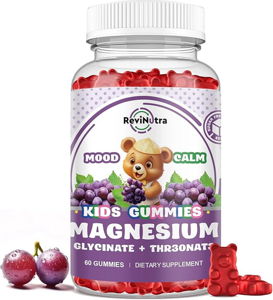 Magnesium Complex Gummies for Kids & Adults- Magnesium Glycinate Supplement- Support Calm Stress Relief, Bones, Mood Vegan- Sugar-Free Grape Flavor, 60 Gummies