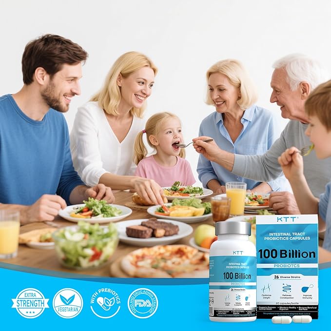 KTT Probiotics 100 Billion CFU - 26 Strains + Organic Prebiotics - Immune, Digestive & Gut Health - Supports Occasional Constipation, Diarrhea, Gas & Bloating - for Women & Men - 60ct