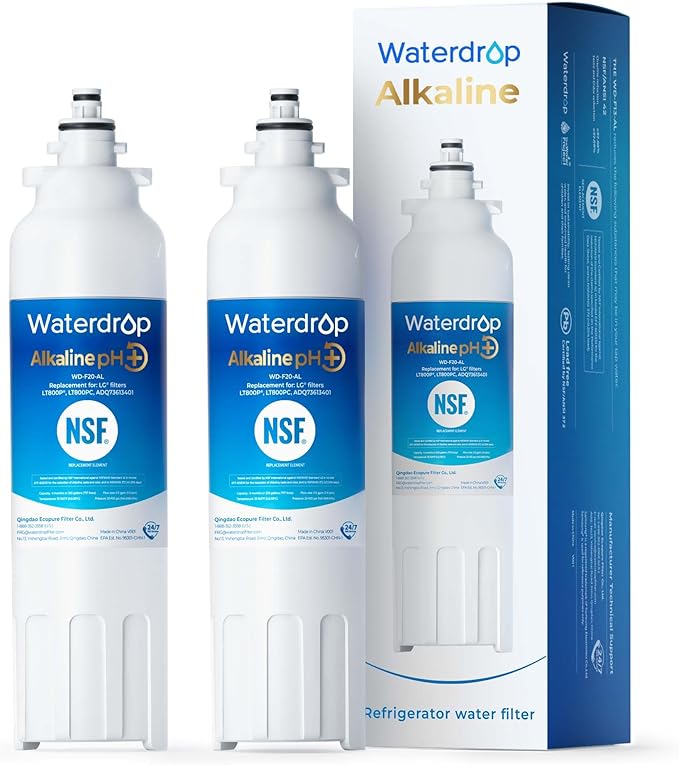 Waterdrop 𝐀𝐥𝐤𝐚𝐥𝐢𝐧𝐞 ADQ73613401 Water Filter, 𝐄𝐧𝐡𝐚𝐧𝐜𝐞𝐬 𝐩𝐇, Replacement for LG® LT800P®, ADQ73613402, ADQ75795104, LSXS26326S, LMXC23746S, LSXS26366S, LSXS26386D, 2 Filters