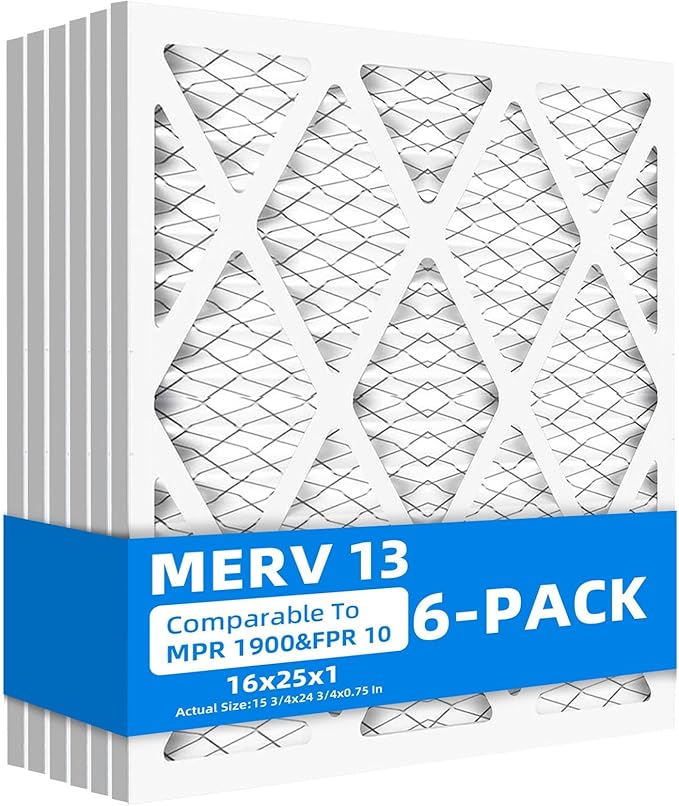 (6 Pack) 16x25x1 Furnace Air Filters, MPR 1900 & FPR 10, MERV 13 Pleated Air Filter (Actual Size: 15.75"x24.75"x0.75")