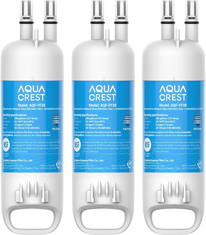 AQUA CREST EDR1RXD1 Replacement for, Filter 1, W10295370A, EDR1RXD1B, P8RFWB2L, P4RFWB, Kenmore® 46-9081, 46-9930, AQF-FF38 Refrigerator Water Filter, 3 Filters