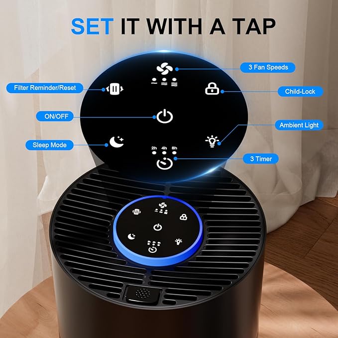 Air Purifiers for Home Bedroom Up to 1000 Ft², H14 True HEPA Room Air Purifiers for Bedroom With Sleep Mode Light Mode & Aroma Function Air Cleaner Smoke Odor Dust Pollen Pet Dander (Black)