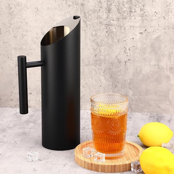 3 Pack 53oz/1.5l Stainless Steel Water Pitcher Modern Metal Pitcher with Ice Guard Black Carafe Drink with Handle or Iced Hot Drink Tea Juice Coffee Beer