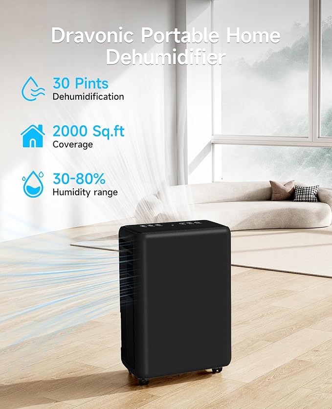 2000 Sq. Ft Dehumidifier for Basement, 30 Pint Dehumidifiers for Home, Bedroom and Bathroom, 3 Modes Dehumidifier with Drain Hose, Smart Humidity Control, 24H Timer (Black)