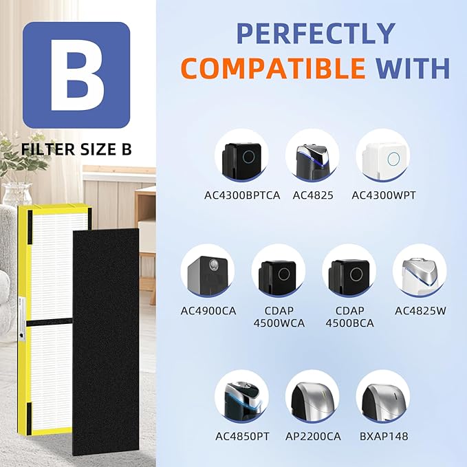 FLT4825 HEPA Filter B Replacement Compatible with G-Guardian Air Purifiers AC4825 AC4825E AC4825W AC4300 AC4800 AC4900 AC4850,6 H13 True HEPA Filters+8 Carbon Pre-Filters