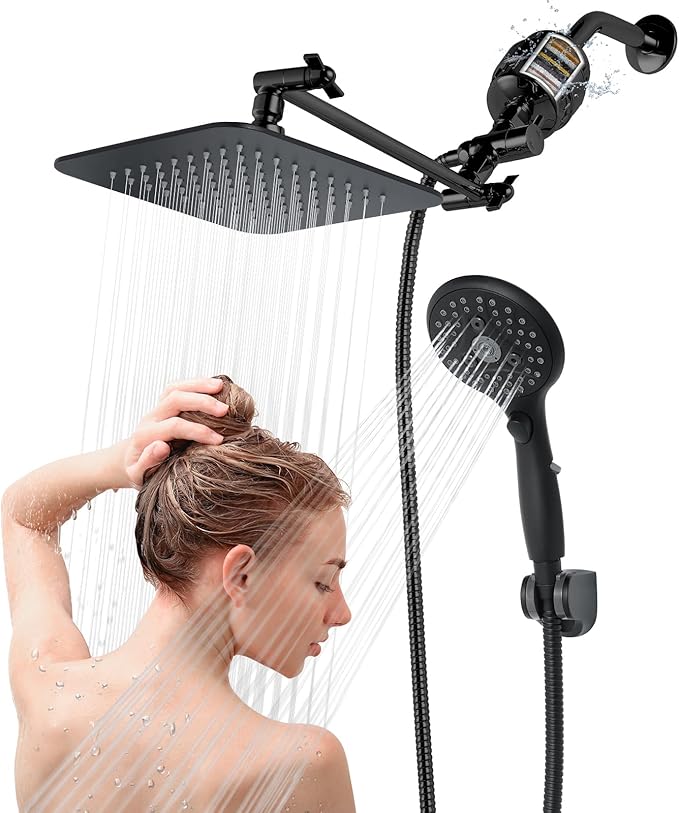 8'' Dual 20 Stage Filtered Shower Head with Handheld, 6 Spray Settings Handheld Shower Head High Pressure Rainfall Filter Combo with 12'' Adjustable Extension Arm, 71'' Shower Hose (Matte Black)
