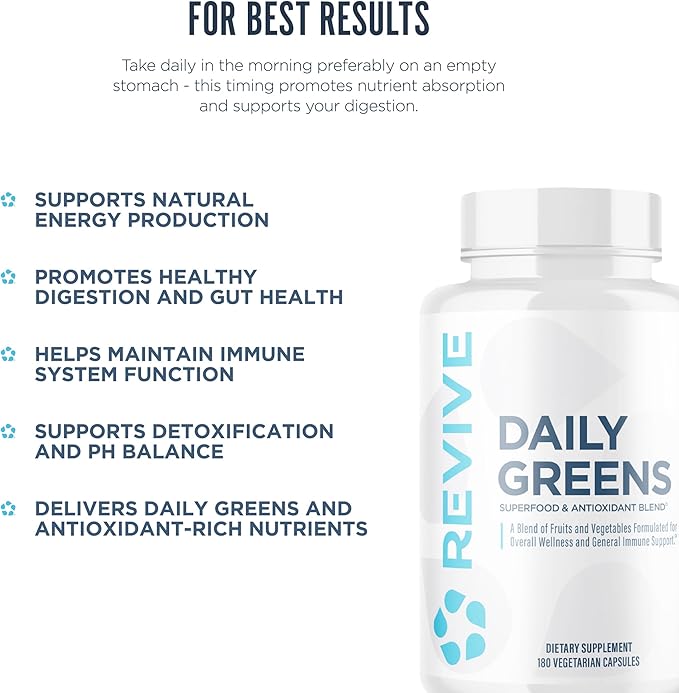 Revive MD Daily Greens Supplement for Men & Women - Superfood & Antioxidant Blend with Digestive Enzymes, Prebiotics & Probiotics for Immune Support, Digestive & Gut Health - 180 Capsules