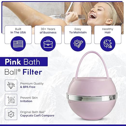 Crystal Quest Bath Ball Water Filter for Bathtub - 3-Stage Filtration, Removes Chlorine, Chloramine & Byproducts, 2,500 Gallons, BPA Free, pH Balanced Water, Fits Most Tubs, Easy Install - Pink