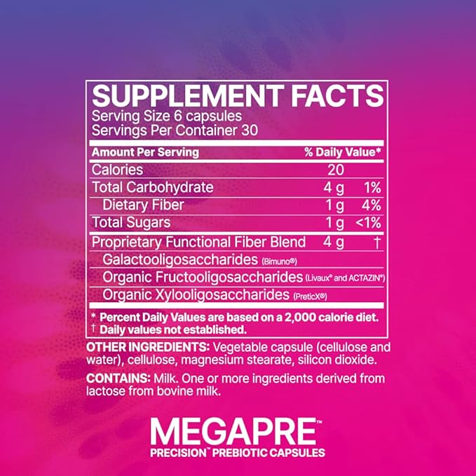 Microbiome Labs MegaPre Prebiotic Fiber Supplement in Vegetable Capsules - Prebiotic Supplement with Clinically Tested Oligosaccharides - Support Microbial Diversity & Gut Health (180 Capsules)
