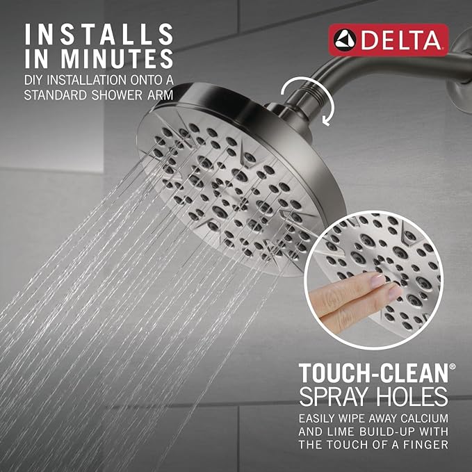 Delta 6-Setting Chrome Shower Head with High Pressure Spray, 6 Inch Round Shower Head, Showerheads, 1.75 GPM Flow Rate, Chrome 52535