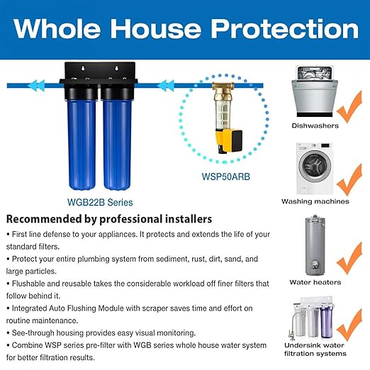 iSpring Whole House Water Filter System, Highly Reduces Iron, Manganese, Chlorine, Taste, Odor, 2-Stage Whole House Water Filtration System, Model: WGB22BM, 1" NPT Inlet/Outlet